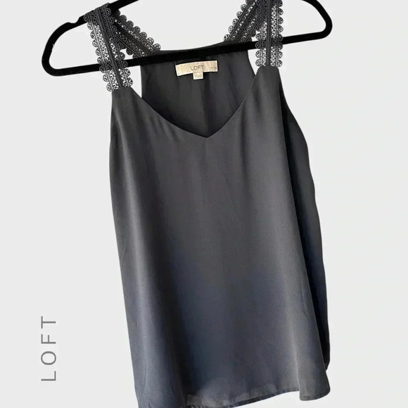 LOFT NWOT FLOWING LACE STRAP V-NECK GRAY TOP FULLY LINED | PETITE SMALL - Picture 1 of 9